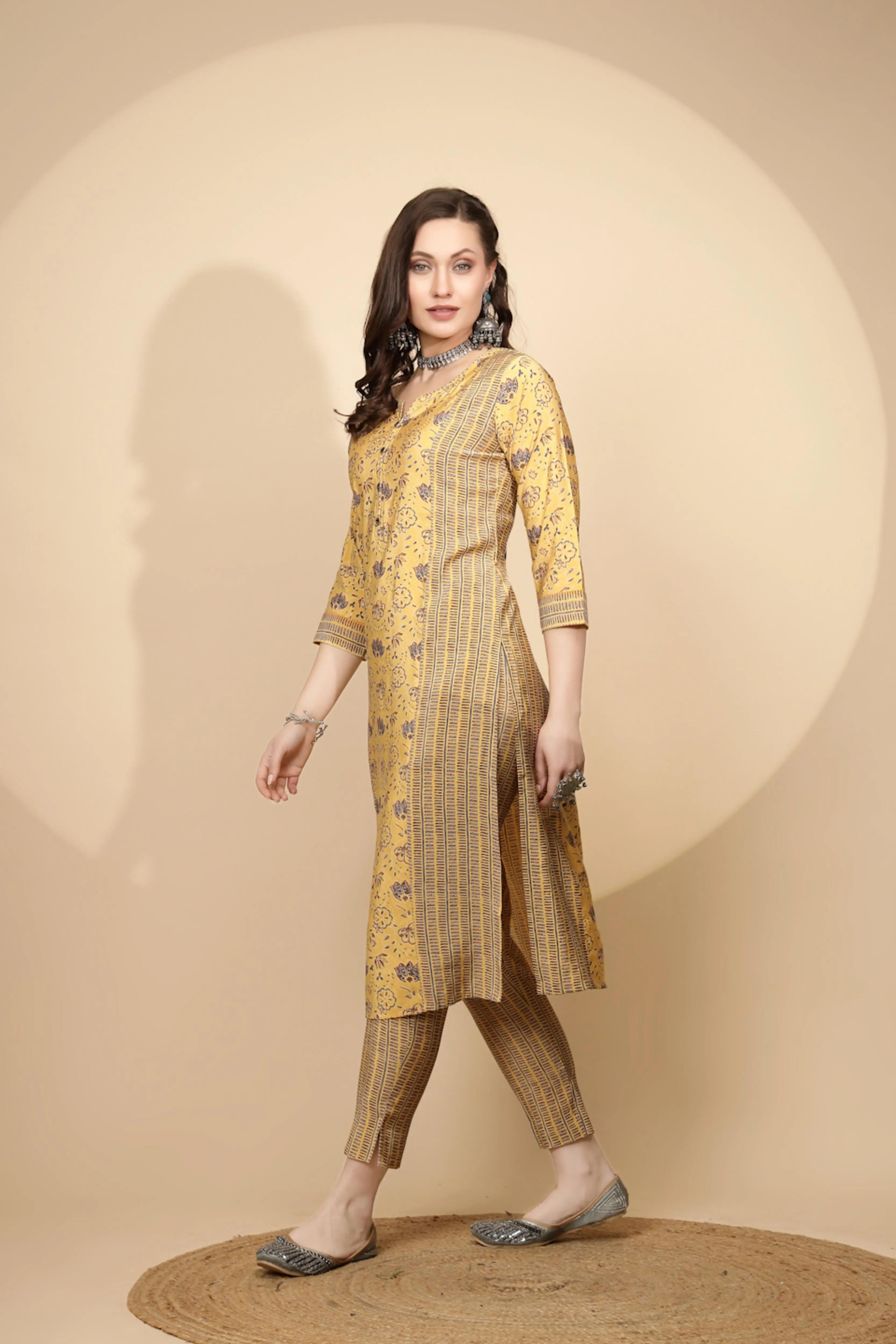 Yellow Cotton Suit Set For Women - Image 7
