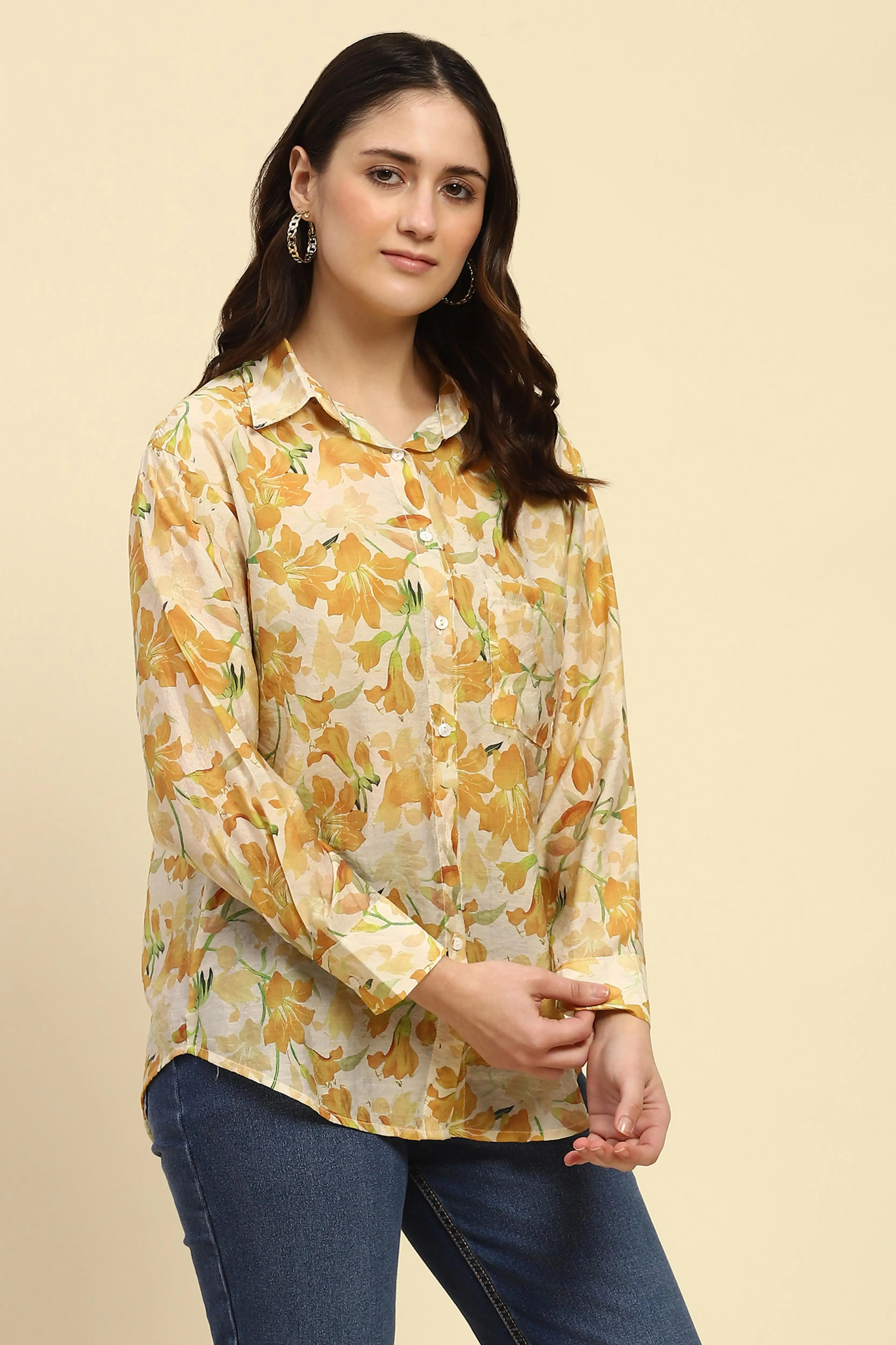 Yellow Floral Print Rayon Blend Shirt - Image 3