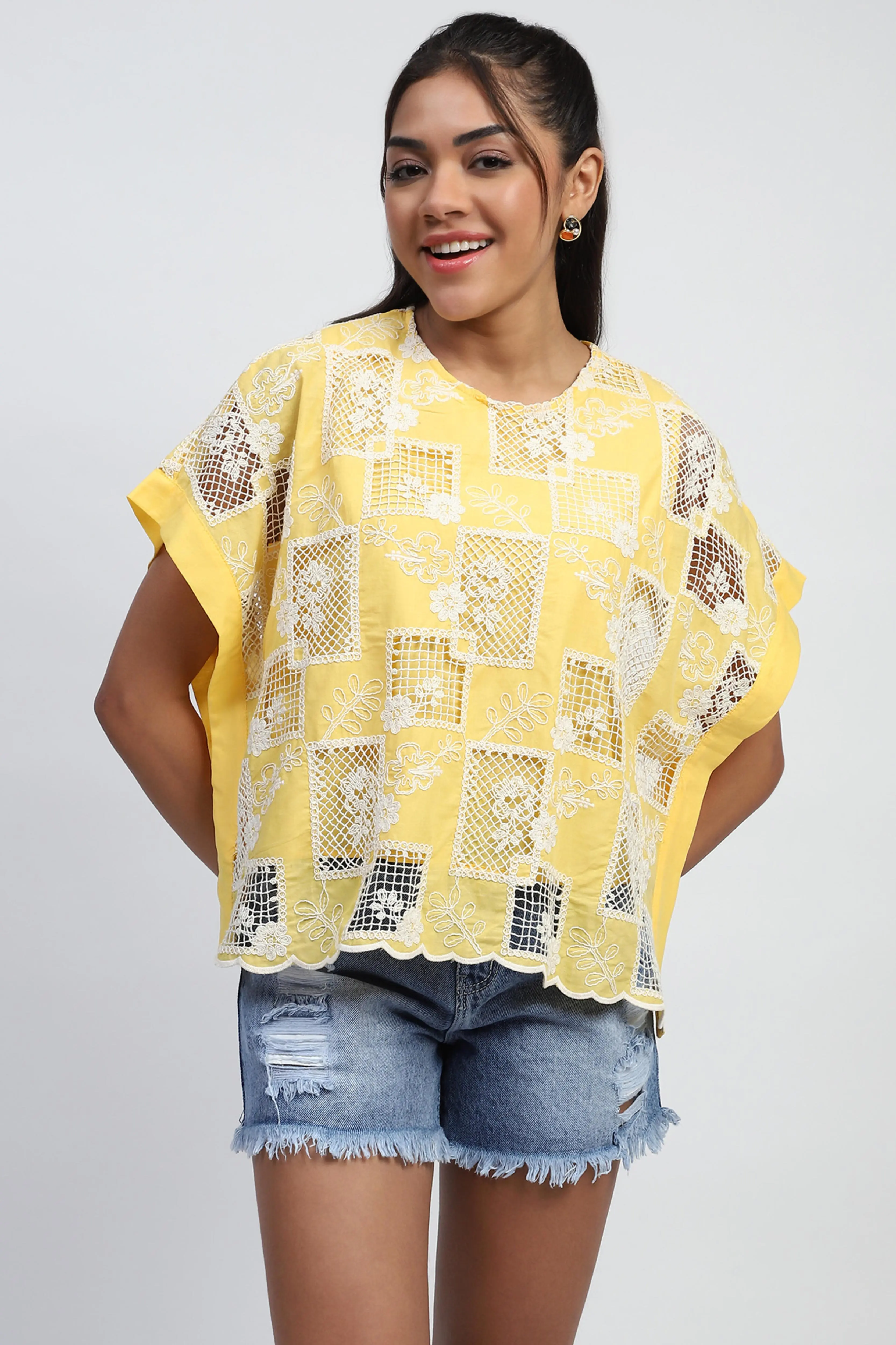 Yellow Embroidered Cotton Boxy Blouse