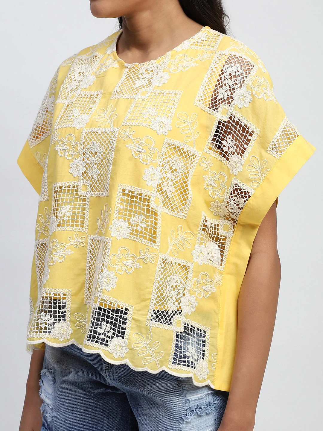 Yellow Embroidered Cotton Boxy Blouse - Image 12