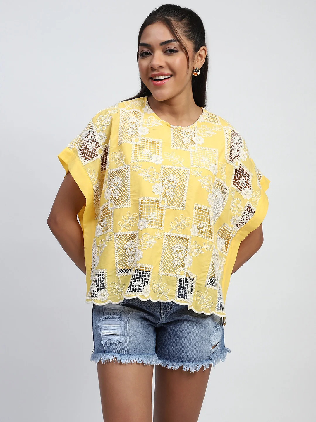 Yellow Embroidered Cotton Boxy Blouse - Image 8